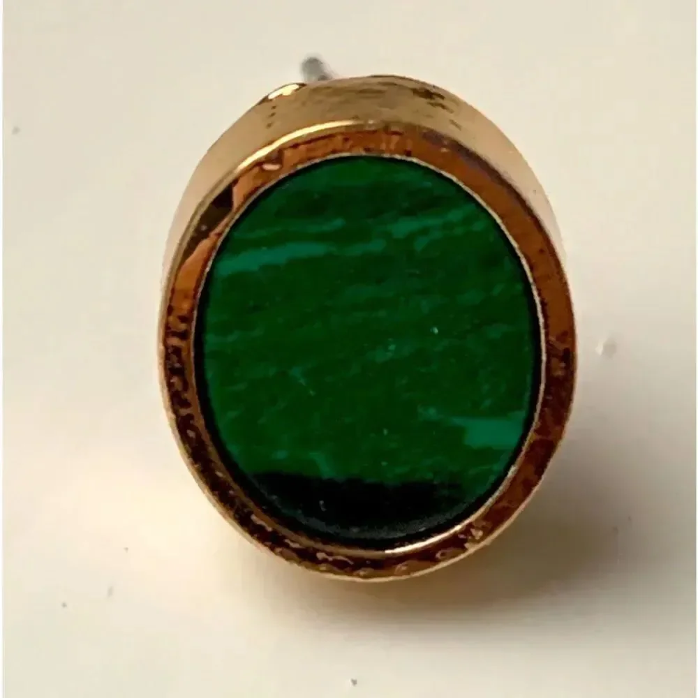 Faux Green Malachite Oval Stud Earrings in Gold Plate Metal